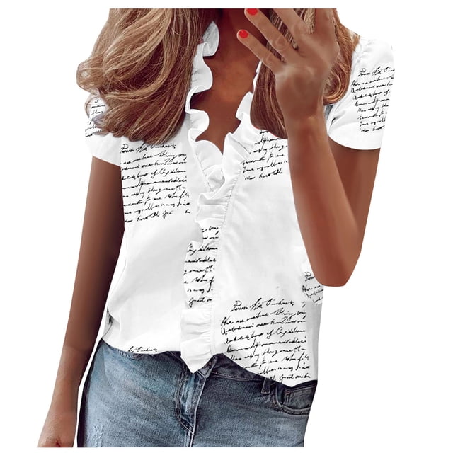 Pompotops Women's Casual Solid Color Ruffle Collar Long Sleeve Ruffle Shirt Blouse V-Neck Short Sleeve Shirt Tops