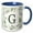 Blue/White, variant on 3drose, Monogram Initial Letter G in Green Framed in Leaves and a Gold Square., 11oz Two-tone Blue Mug