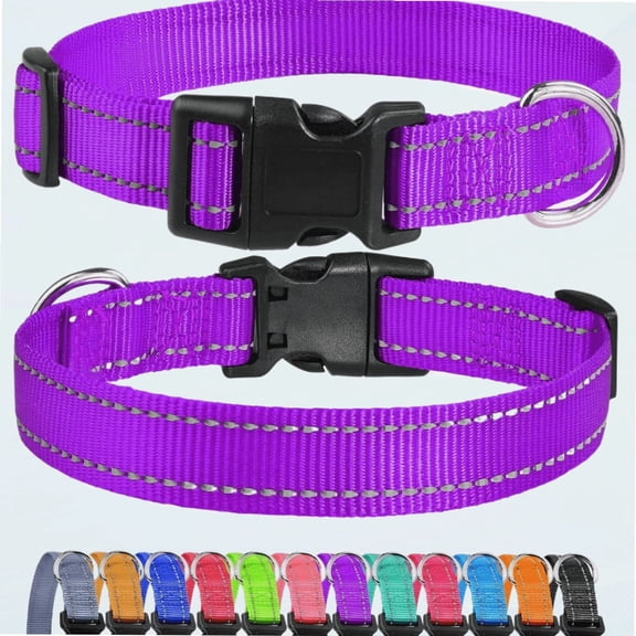 Reflective Dog Collar, Sturdy Nylon Collars for Medium Girl and Boy Dogs, Adjustable Dog Collar with Quick Release Buckle, Purple