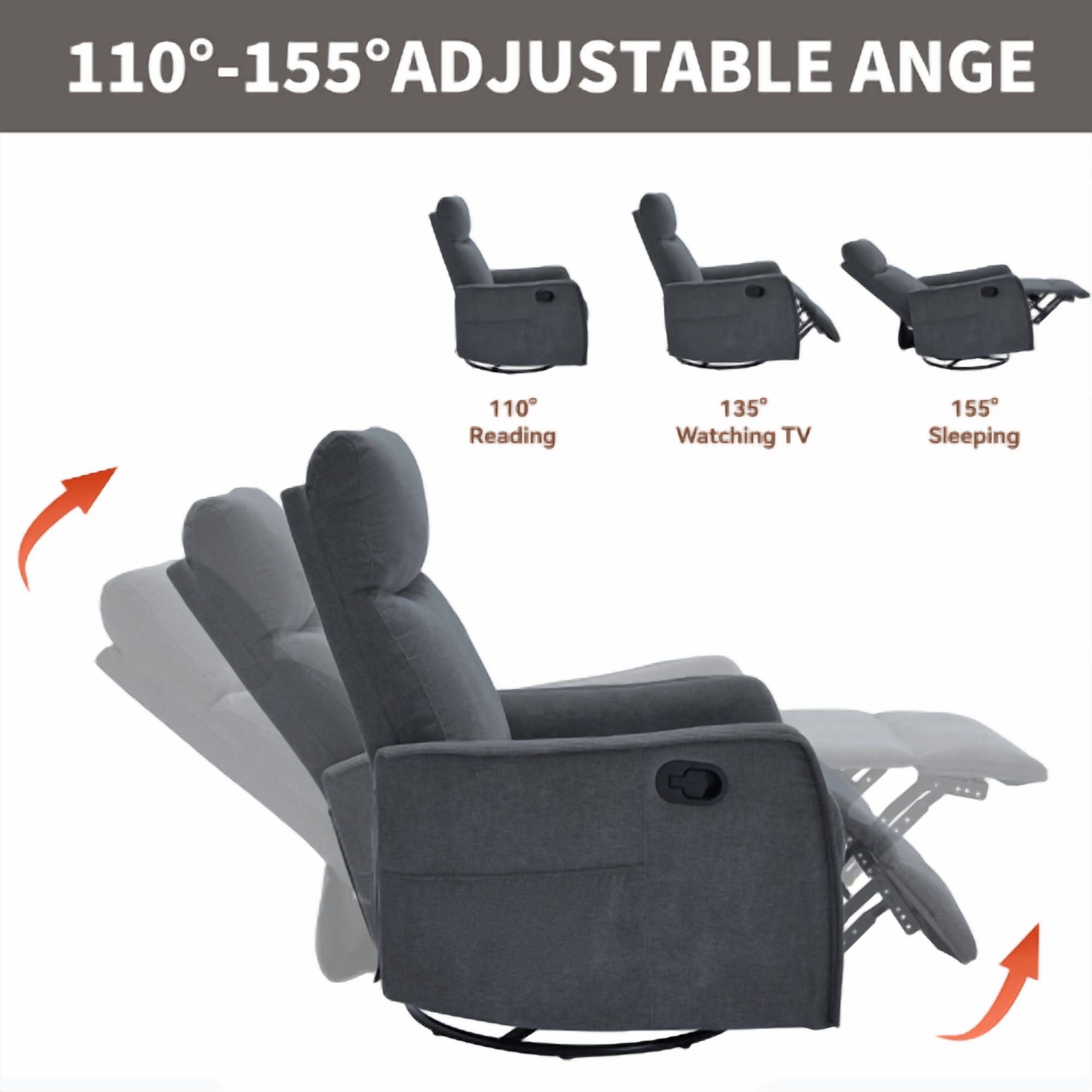Leumius Recliner Chair with Massage and Heat,360° Manual Swivel Rocker Chair for Adults,Upholstered Fabric Glider Recliner Nursery Chair with Side Pockets for Living Room,Dark Gray