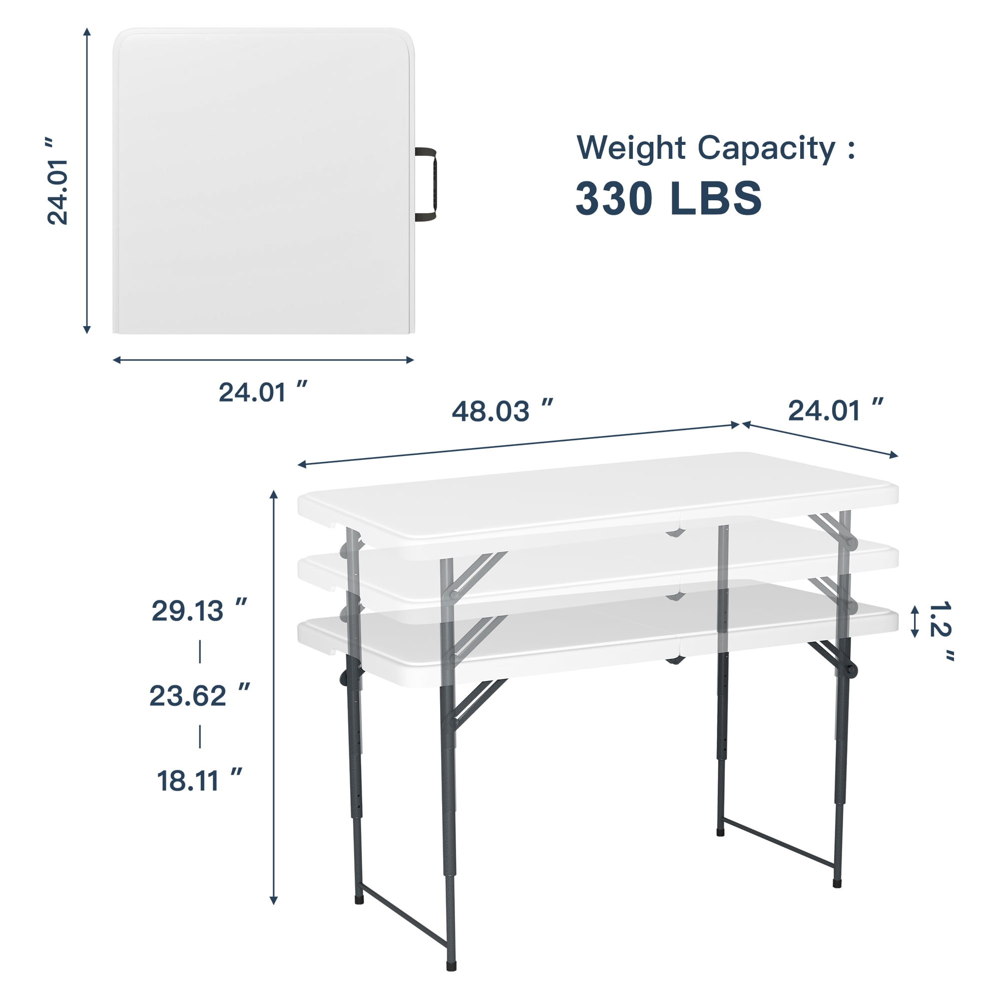 Demi Bonn 4ft Plastic Folding Table with Height Adjustable, Multipurposedoor Outdoor Duty Portable Rectangle Table with Handle, Lock for Picnic, Party, Camping, White