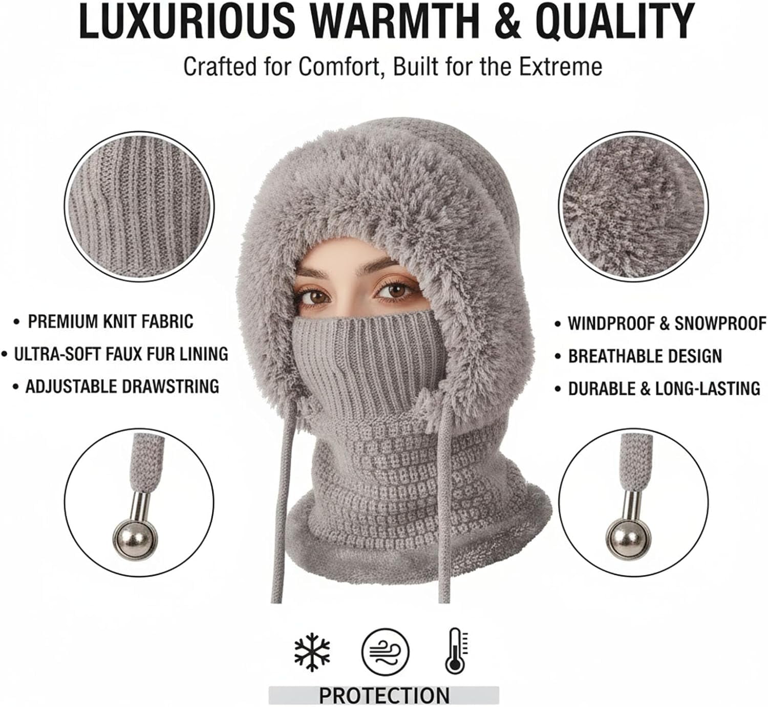 3 in 1 Beanie Hat with Scarf & Mask, Women's Winter One-Piece Knitted Balaclava