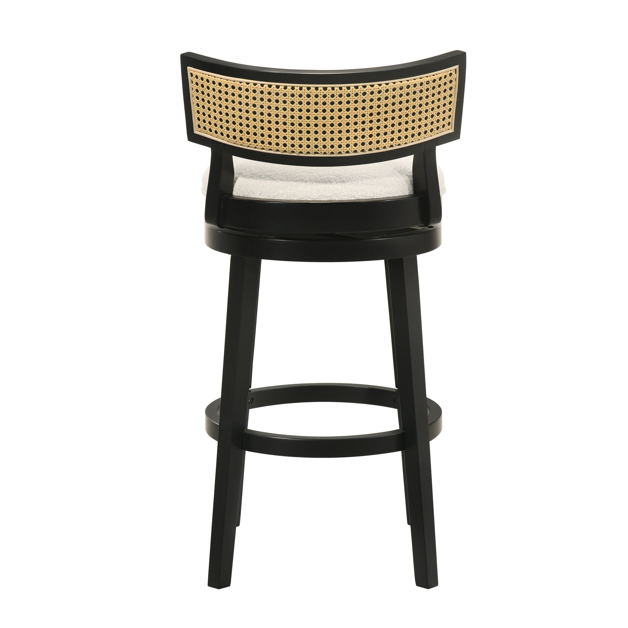 Noely Modern Farmhouse Swivel Wood Bar Height Kitchen Bar Stool in Black Finish with White Boucle Fabric Upholstered Seat - Set of 4