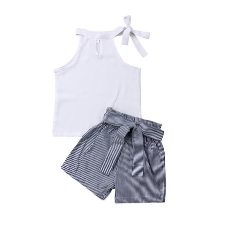 

Hirigin Little Girls Sleeveless Crops Tops Striped Wide Leg Shorts Pants with Bowknot 1-6Y