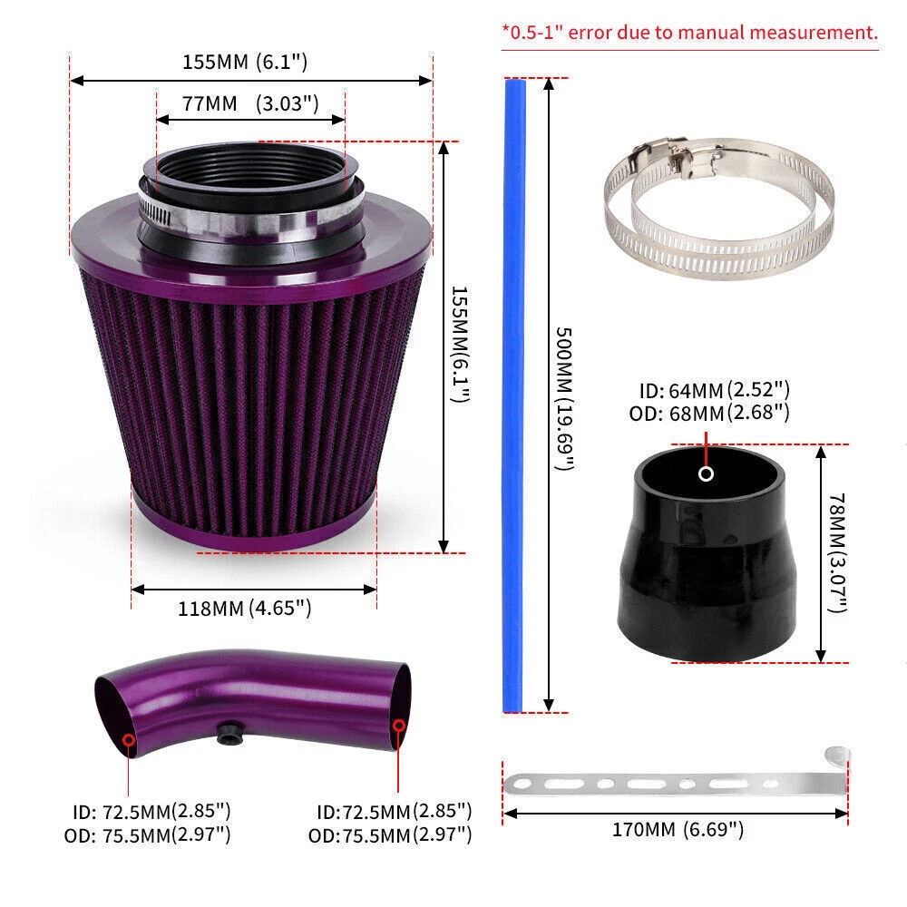 Purple Car Cold Air Intake Filter Induction Kit Pipe Power Flow Hose System 76mm