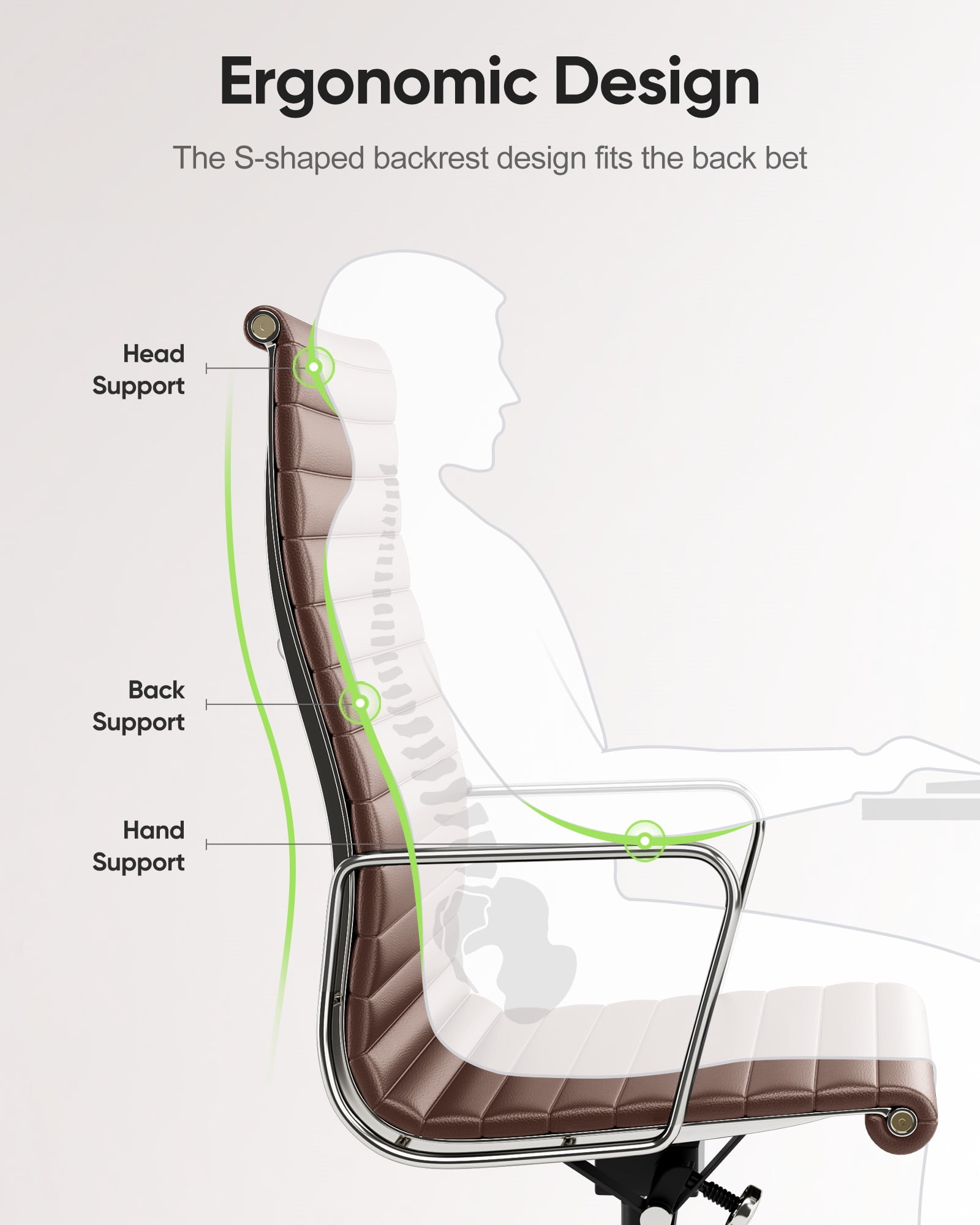 High-Back Ribbed Office Chair Adjustable Leather Computer Chair Ergonomic Lumbar Support,Swivel Desk Chair,Brown 1pc
