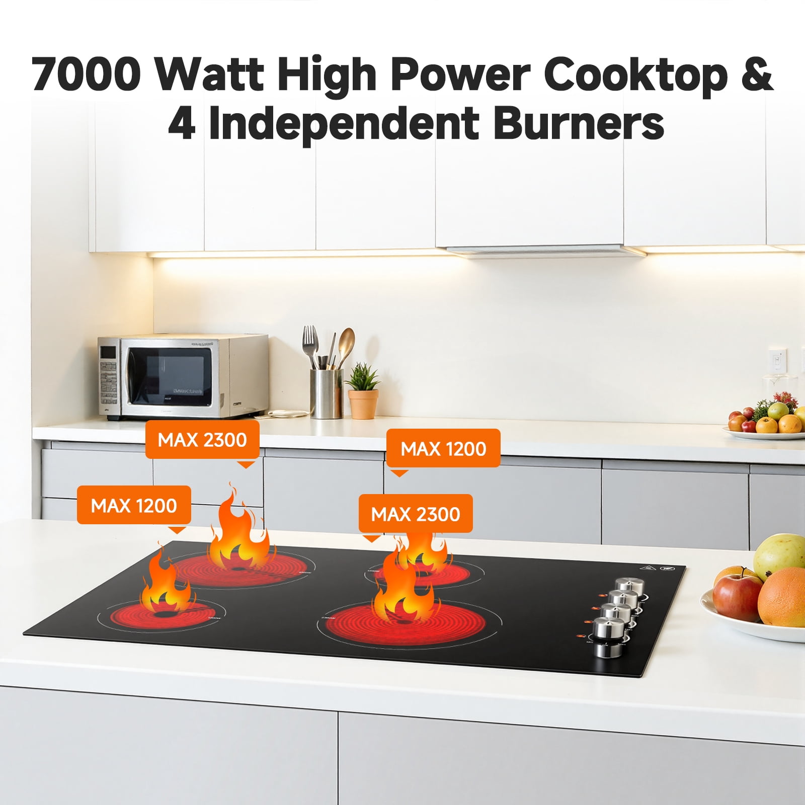 Sunmaki 30 Inch Coil Burner Electric Cooktops with 4 Burners 7000W Built-in Radiant Electric Stove Top with Knob Control, 220-240V