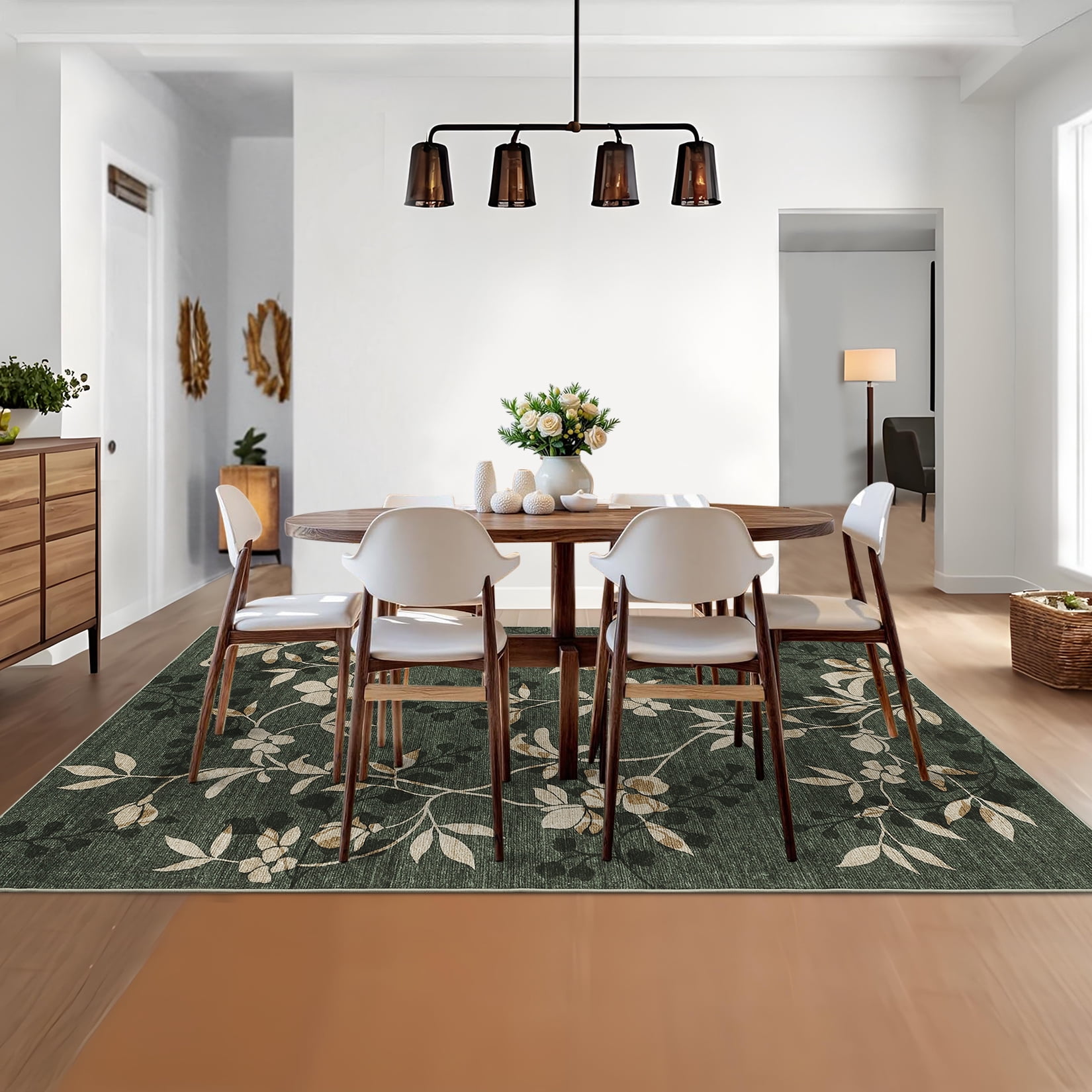 FairOnly Green 10'x13'Large Modern Floral Printed Area Rug Low Pile Non Slip Soft Carpet for Living Room