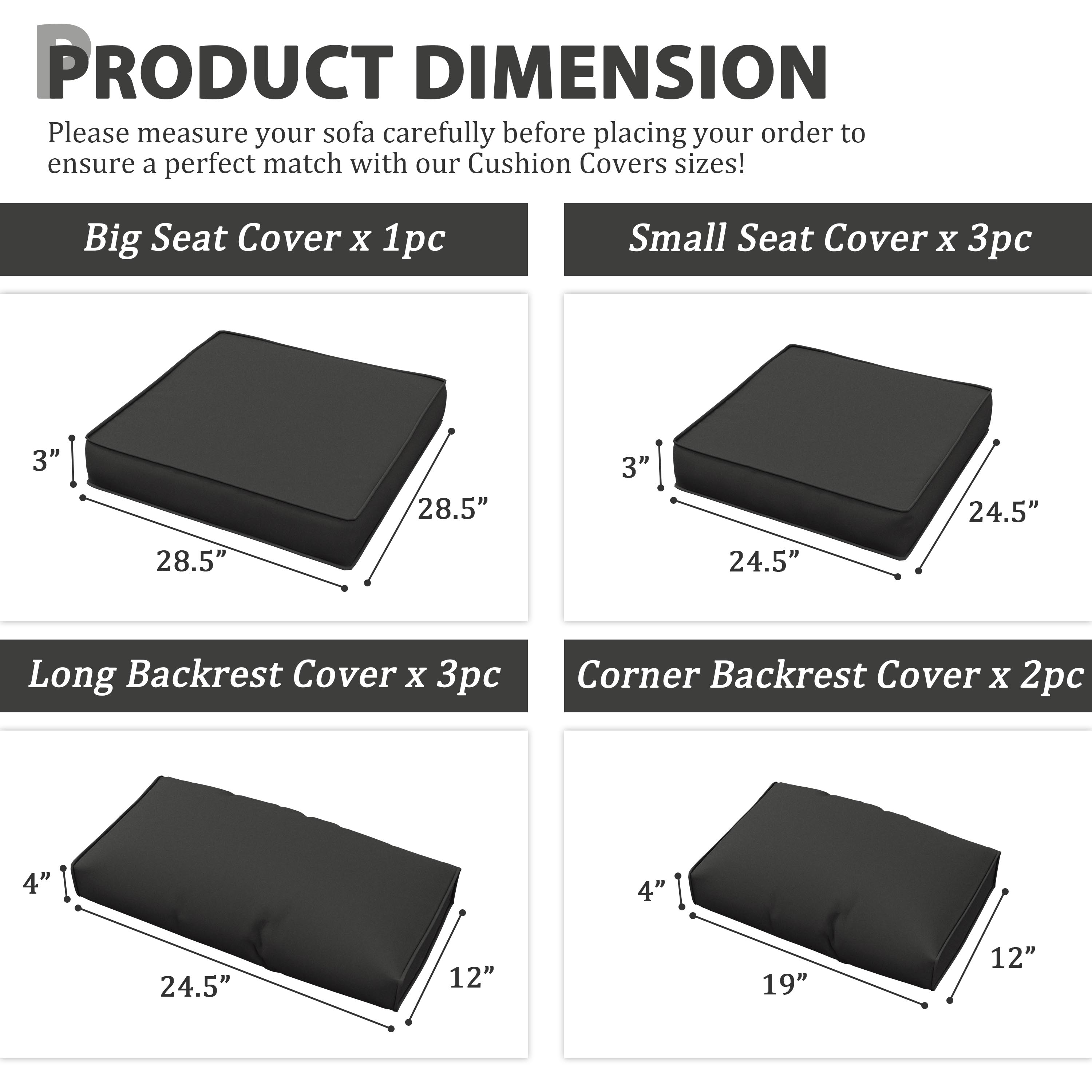 Snubbull 9 Pcs Outdoor Patio Cushion Covers with 4 Size, Waterproof & Zippered, Black