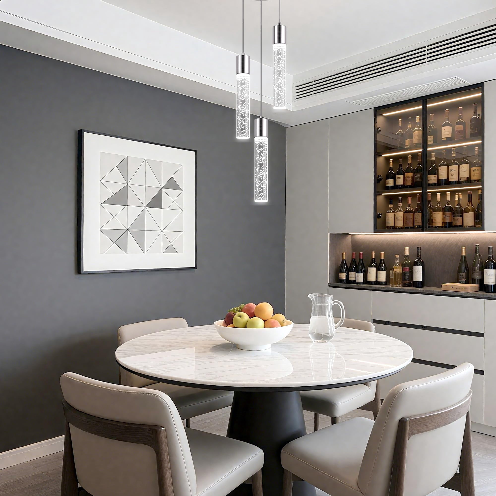 3 Lights Pendant Lights Kitchen Island, Modern Kitchen Island Lights, Ceiling Lighting Fixtures with Crystal Bubble, Integrated LED Hanging Light Nickel&nbsp;