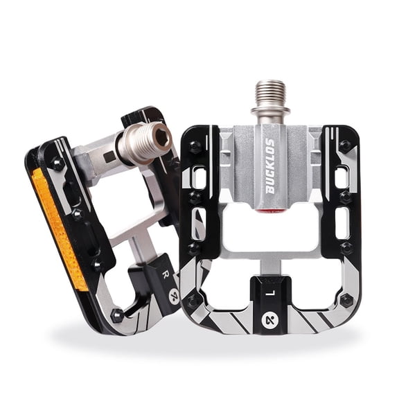 BUCKLOS Folding Bike Pedals 9/16" Cr‑Mo Steel Axle, 4 Sealed Bearings Aluminum Alloy Flat Platform Pedals with Anti‑Slip Pins & Reflectors, Dust‑Water Resistant for Folding Bikes, Road Bikes, BMX