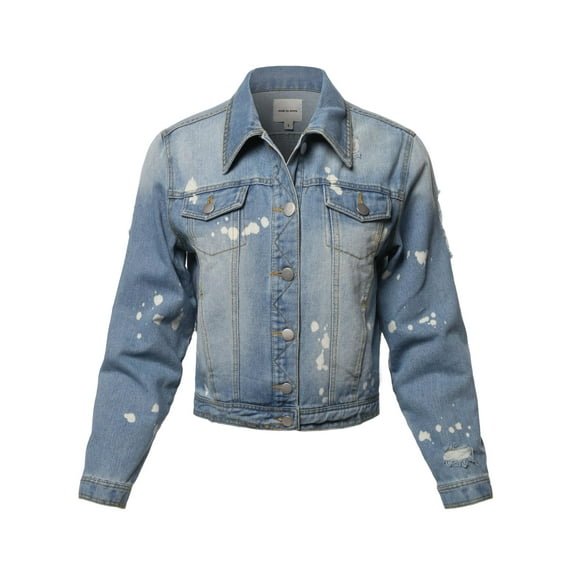 FashionOutfit Women's Casual Distressed Bleach Spot Chest Two pockets Denim Jacket