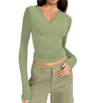 thumbnail image 2 of HAOTAGS Womens Fashion V-neck Croped Top Solid Color Long Sleeve Slim Fit Blouse Tops Green Size 2XL, 2 of 5