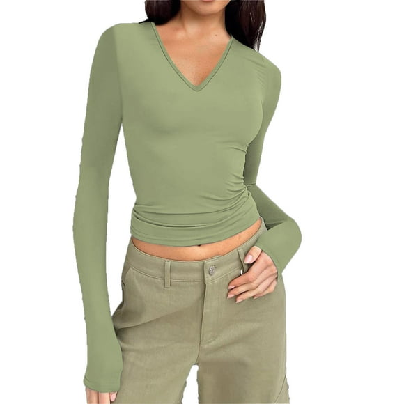Dealovy Long Sleeve Shirts for Women V Neck Solid Color Tees Slim Fitted Solid Color Basic Undershirts