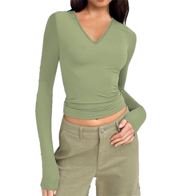 Dealovy Long Sleeve Shirts for Women V Neck Solid Color Tees Slim Fitted Solid Color Basic Undershirts