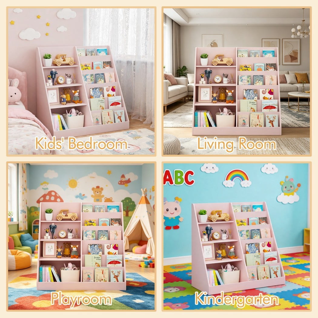 Kids Bookshelf and Toy Storage Organizer, Wooden Kids Bookcase with Multi-Level Shelves & Toy Storage, Children's Book Display Stand for Playroom, Nursery & Kids Room, Pink