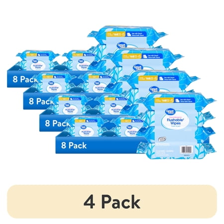 (4 pack) Great Value Flushable Wet Wipes, Fresh Scent, 4 Packs of 42 Wipes, 168 Total Wipes