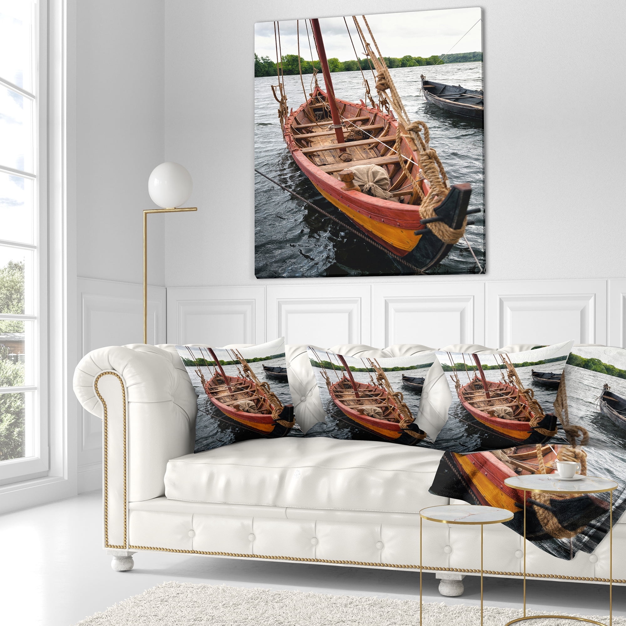 Designart Vintage Wooden Boat - Seascape Throw Pillow - 18x18