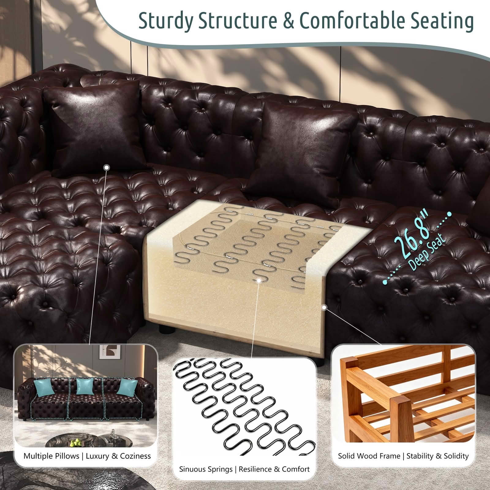 MAYEERTY 6‑Seat Faux‑Leather Modular Sofa, Handcrafted Button Tufted Couch with 6 Pillows for Living Room & Small Apartment