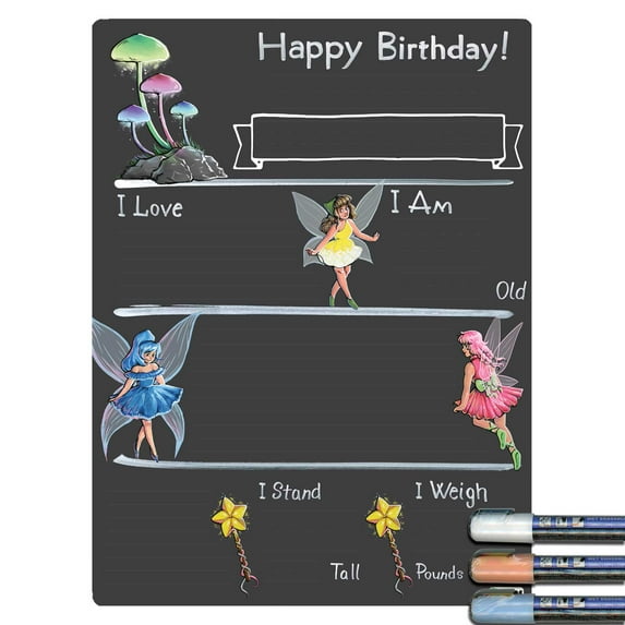 Cohas Fairy Theme Birthday Milestone Chalkboard, 12 by 16 inches, 3 Pastel Markers