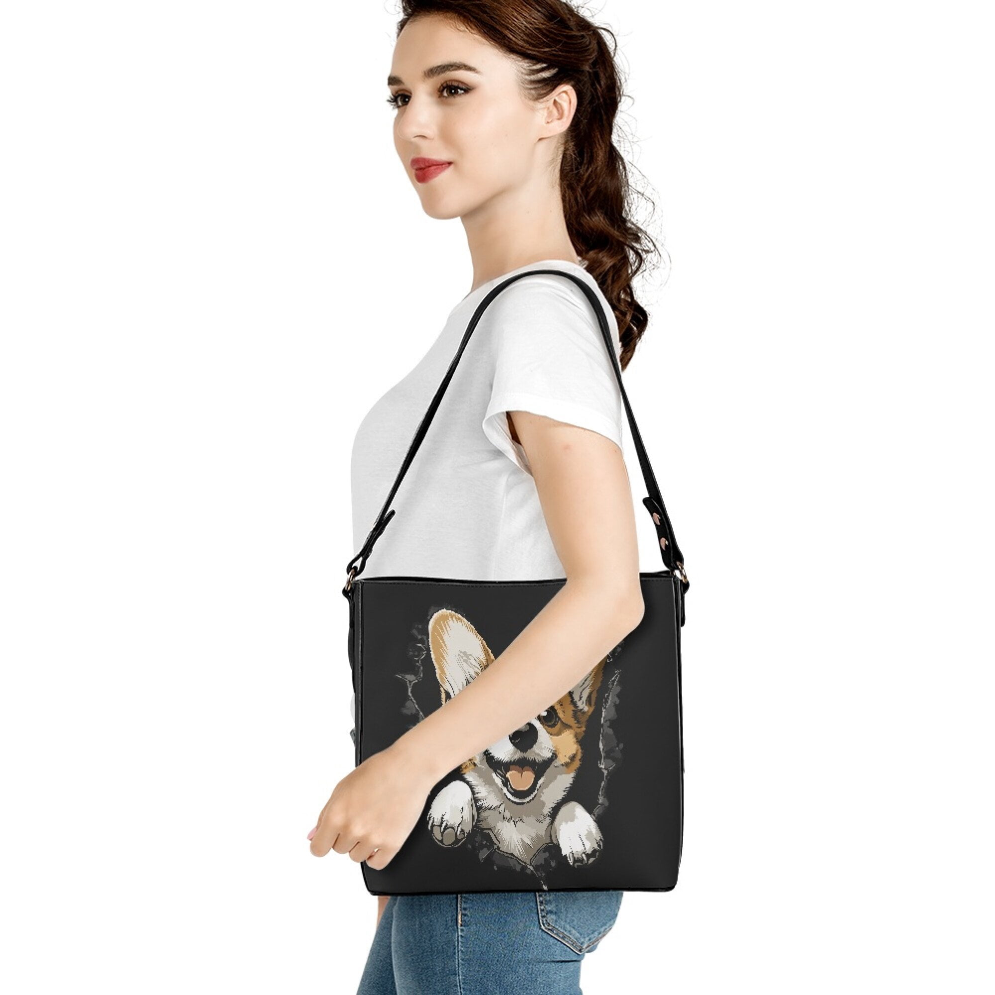 Kuiaobaty Corgi Hole Print Bucket Crossbody Bag for Women, Cute Lightweight Vegan Leather Shoulder Handbag Crossbody, Wear Resistant Bucket Tote Bag Handbag with Adjustable Strap for Travel