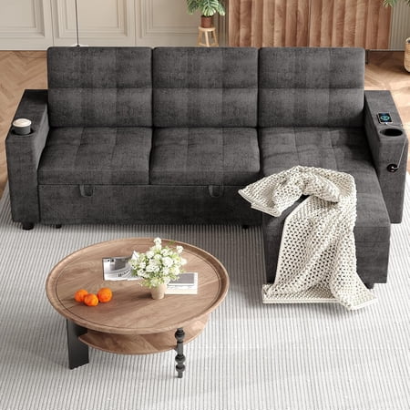 Couches for Living Room, 84'' Sofa Bed,l-Shaped Sectional Sleeper Sofa with Pull Out Bed,Reversible Storage Chaises, Hidden Storage Armrests,Cup Holders & USB Charging Ports