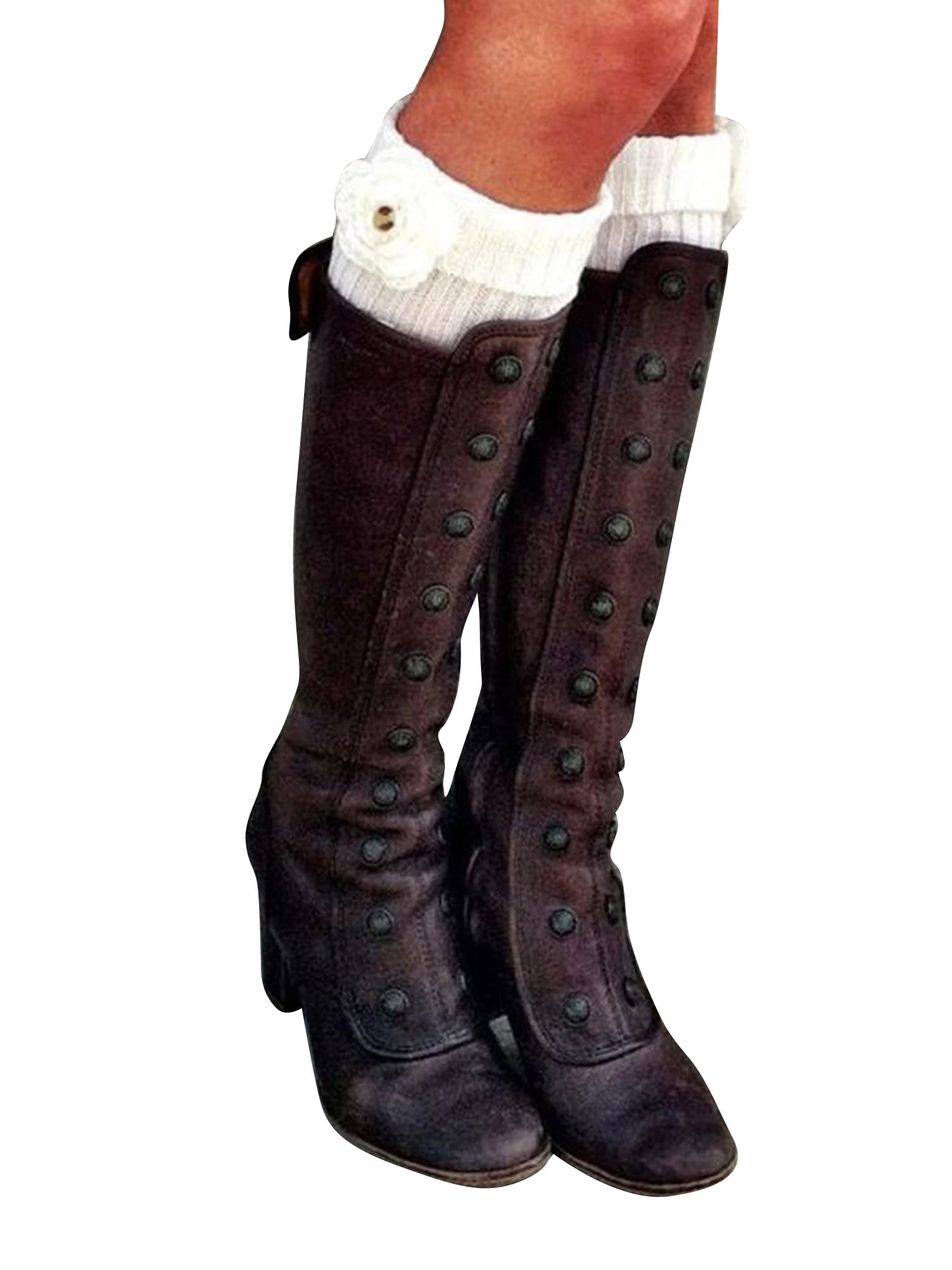2019 Women's Round Toe Med Block Heel Med-Calf Riding Boots Front Zip Cowboy