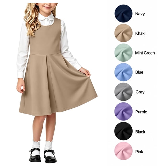 XRoczxe Girls Pleated Jumper Dress, Sleeveless A-Line School Uniform Pinafore, Classic Round Neck Swing Skirt for Kids Daily Wear & Parties