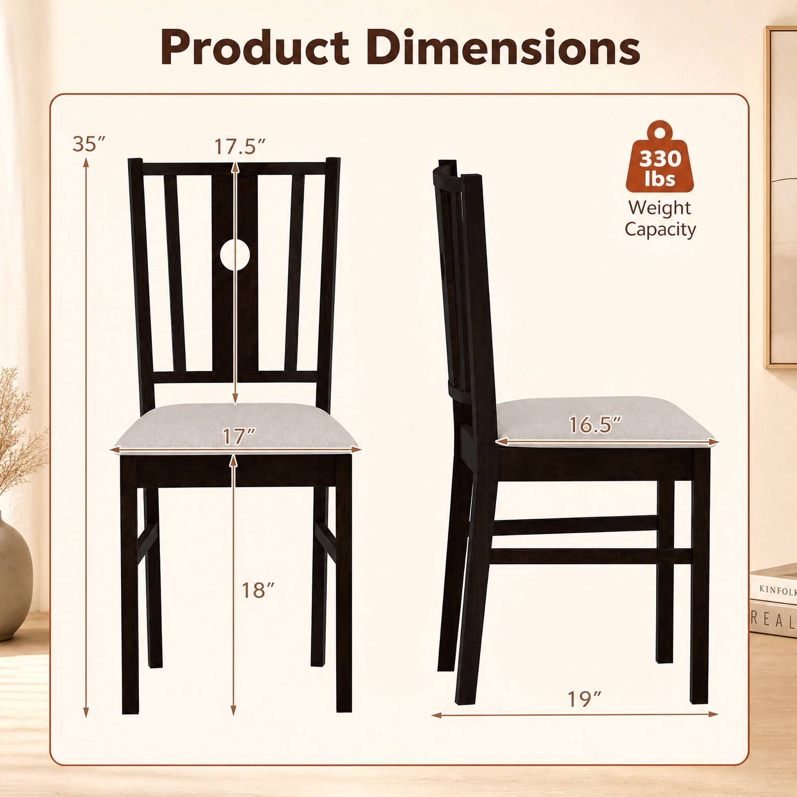 Furnibear Set of 2 Rubber Wood Kitchen Chairs with Fabric Padded Seat and Slatted High Back for Dining Room and Kitchen, Coffee