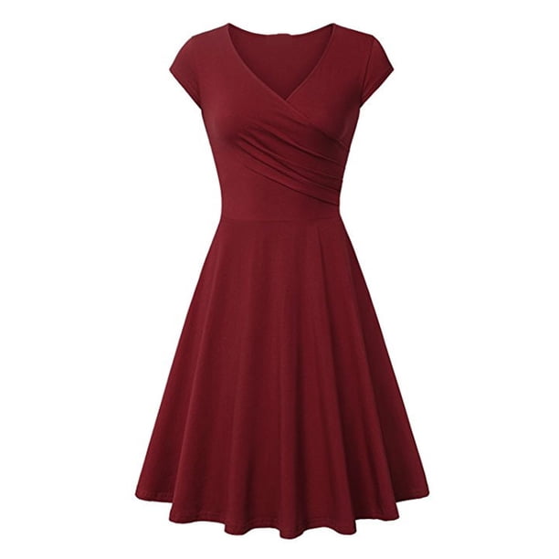 Puntoco Vestido De Manga Corta Con Cuello En V, Vestido Suelto De Verano De Color Sólido De Manga Corta Con Cuello En V Rojo L