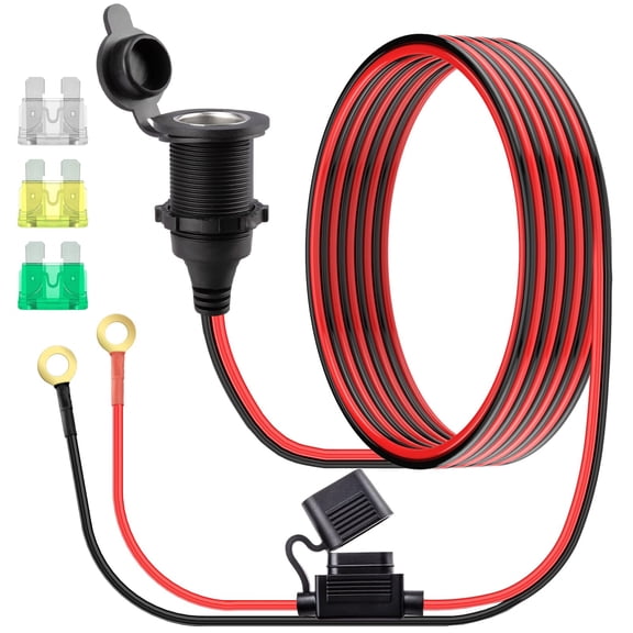 LujingZ 10FT 12V Fixed Thread Power Outlet Female Cigarette Lighter Socket 12AWG Power Supply Plug Inline Blade Fuse 20A 25A 30A