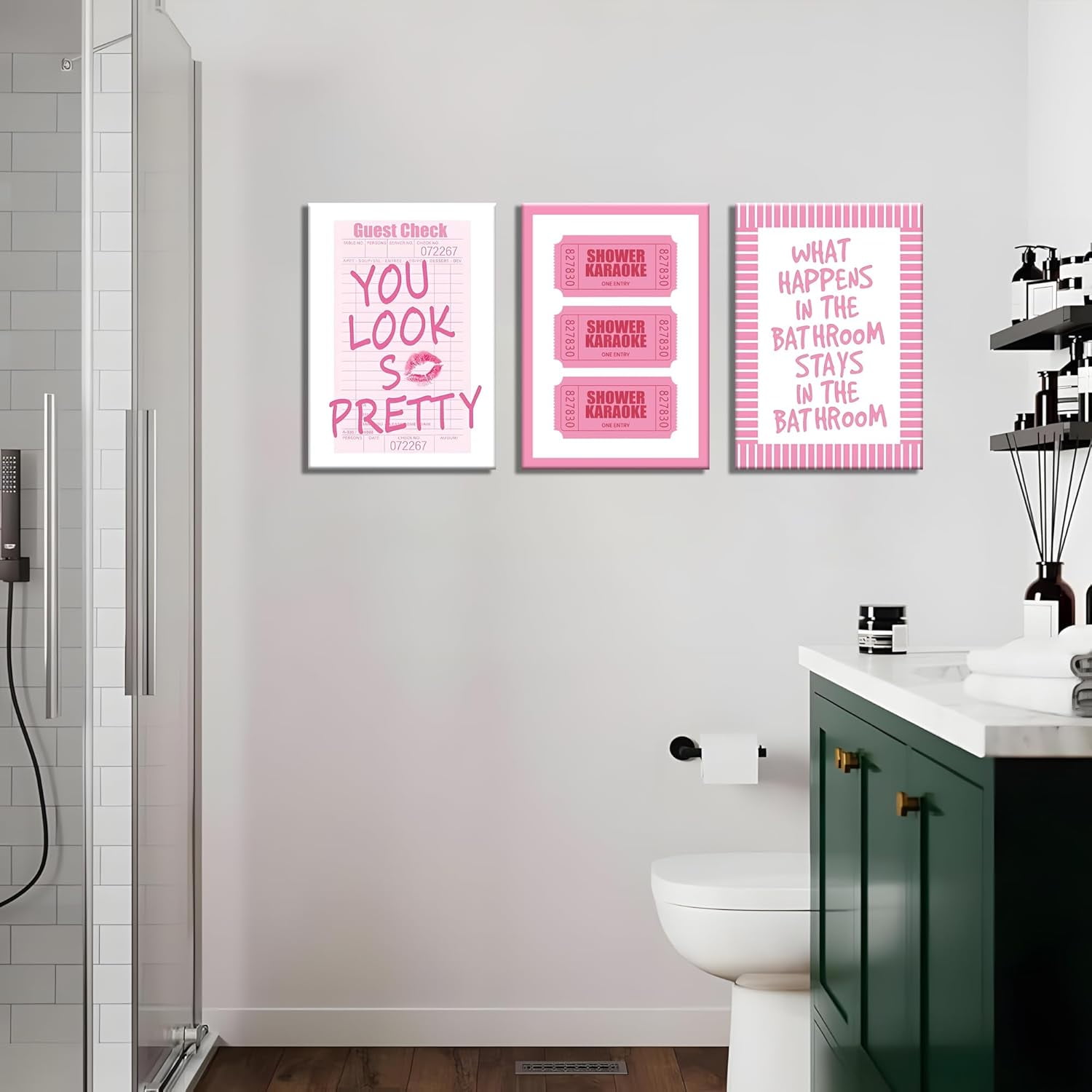 3Pcs Framed Preppy Pink Bathroom Wall Art Set, Funny Guest Check & Shower Karaoke Stamp Canvas Posters, Trendy Indie Pop Room Decor for Women Powder Room Restroom 12x16in