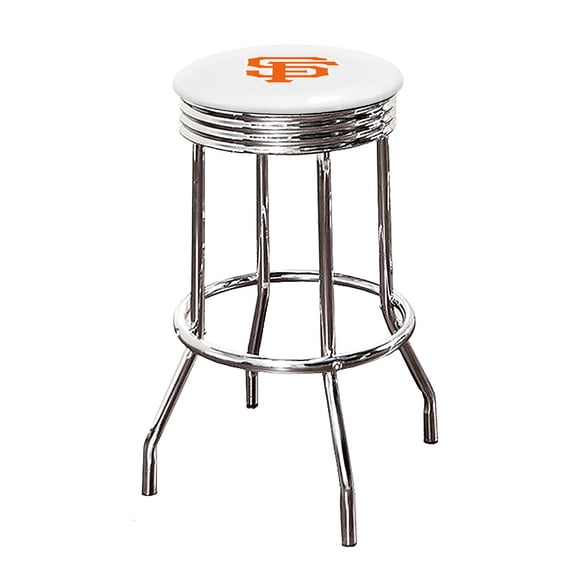 The Furniture King Bar Stool 24" or 29" Tall Backless Chrome Metal Stool Featuring Your Favorite Baseball Team Logo on a Colored Vinyl Swivel Seat Cushion - Giants SF on White