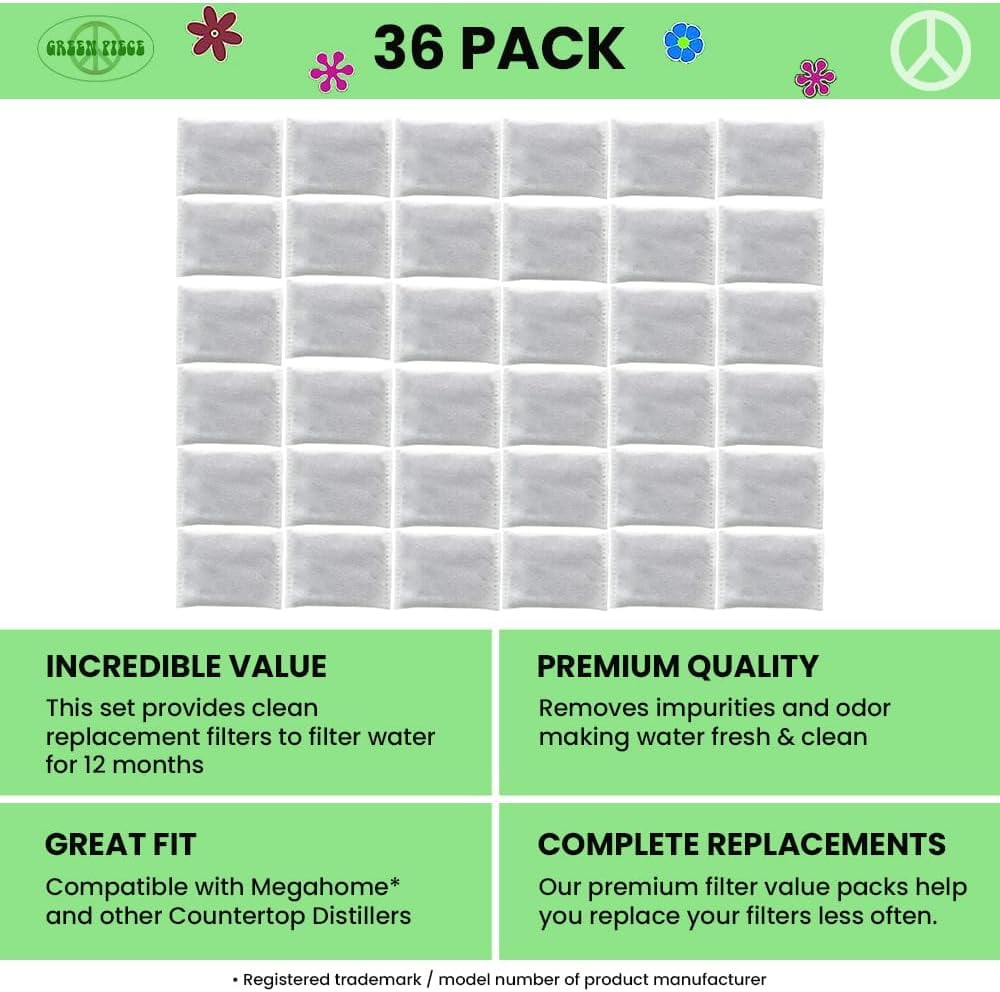 Green Piece® Activated Charcoal Water Filter Replacements - Great for Megahome and Other Countertop Water Distillers - Pack of 36 - MADE IN USA - Deluxe Version