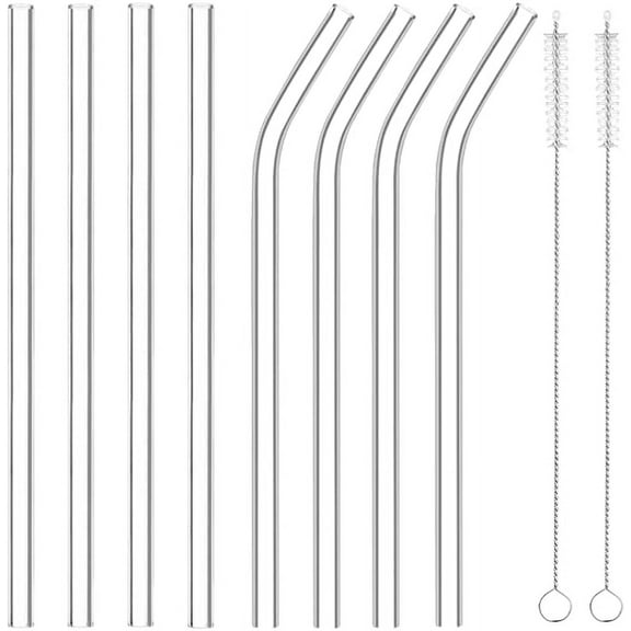 Tutuviw 8-packs Reusable Clear Glass Straws,4 Straight and 4 Bend Drinking straws with 2 Cleaning Brush, Perfect for Smoothies,milk,Juice,Beverages