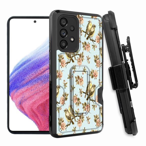 ANJ  Rugged Shockproof Hoster Case w/Card Slot, Kickstand   Tempered Glass Cover for Samsung Galaxy A33 5G - Birds on Tree
