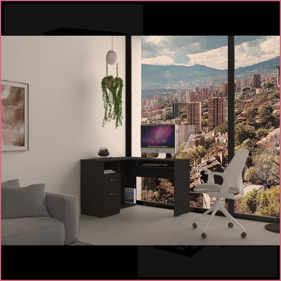 Desks L-Shaped with Left Return, Keyboard Tray, Two Drawers, Open Shelf | Black | Particle Board