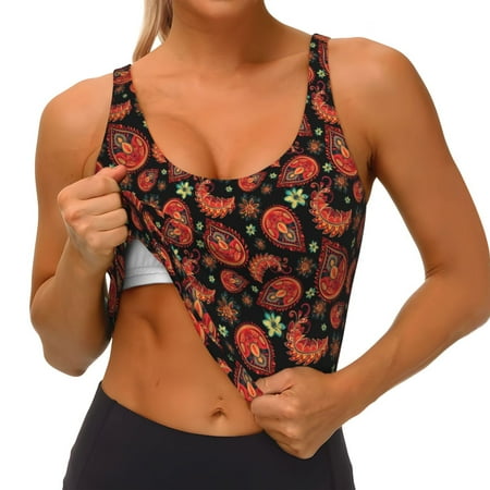 Qokaie Paisley 5 Pattern Womens Scoop Neck Sports Bra Breathable Workout Vest Padded U Back Medium Impact Fitness Gym Yoga Bra Workout Crop Top
