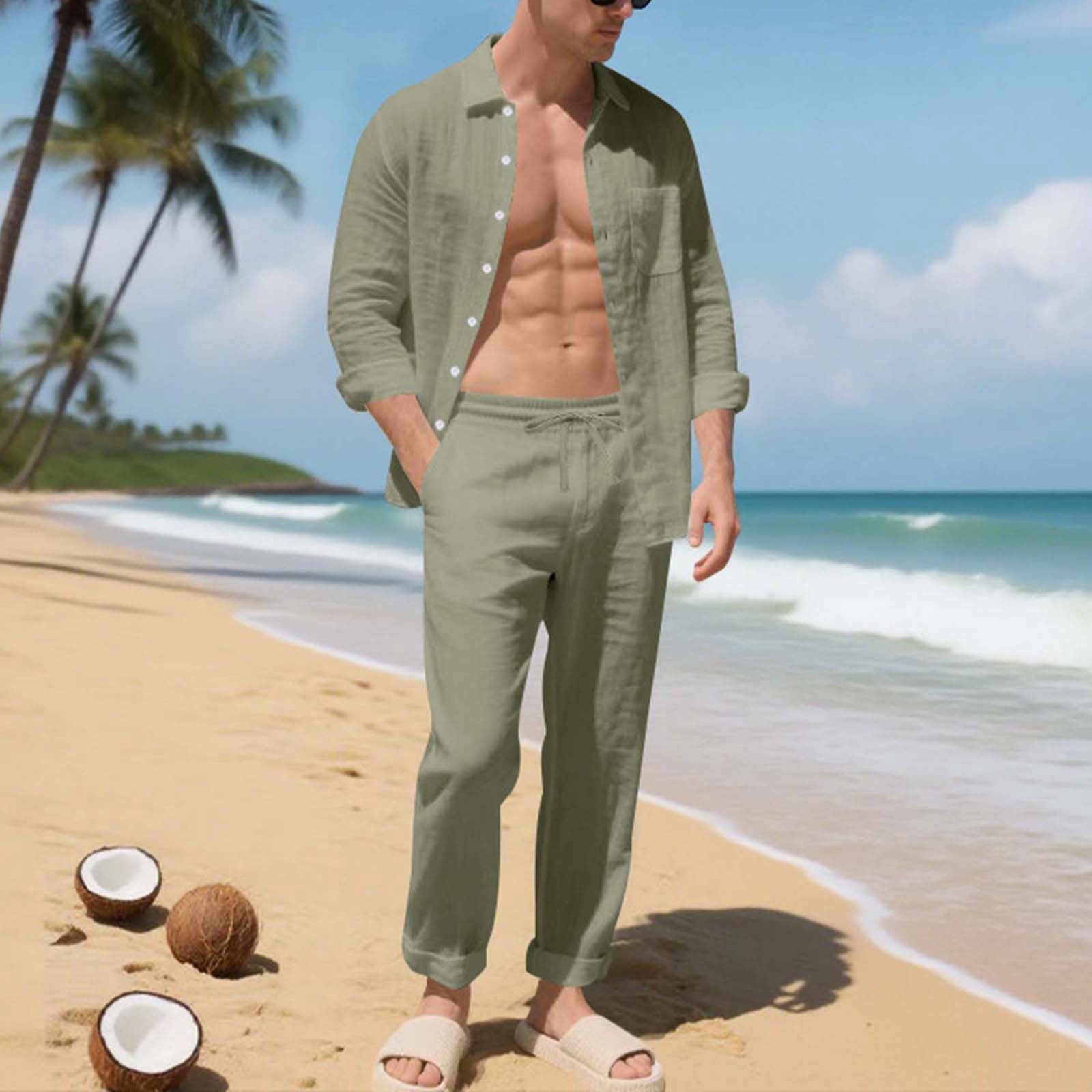 Men's Linen Casual Outfits Piece Solid Color Cuban Shirt and Pants Set Lightweight Beach Vacation Suit