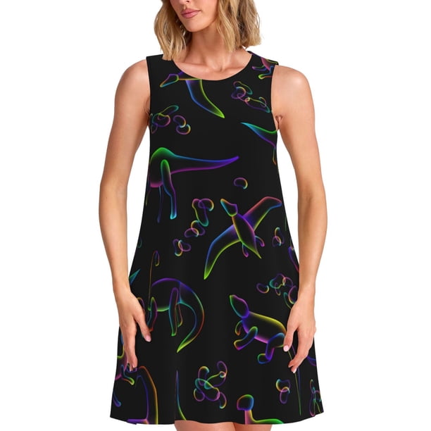 Fotbe Dinosaur Vestido de Verano sin Mangas para Mujer – Vestido Midi Línea A, Estilo Camiseta Floral, Vestido Playero Casual y Fluido