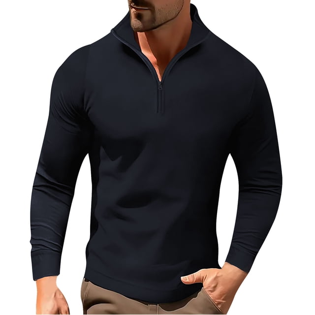 Blusa y camisa de manga larga con cuello alto para hombre, color liso, con cremallera, deportiva, de manga larga y cuello alto.