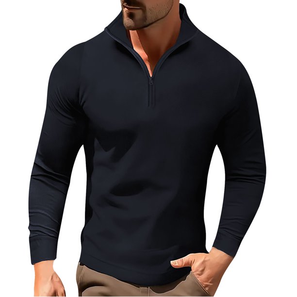 Blusa y camisa de manga larga con cuello alto para hombre, color liso, con cremallera, deportiva, de manga larga y cuello alto.