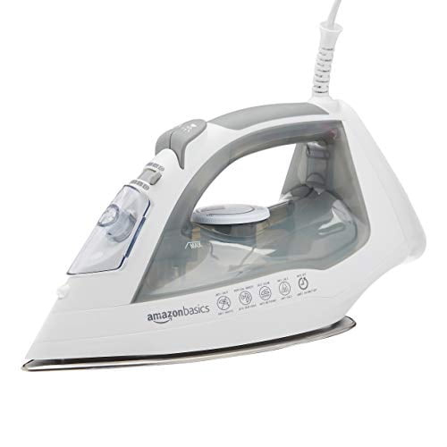 Plancha de vapor Amazon Basics de 1700 W y 30 cm (12"), con suela antiadherente de acero inoxidable y 397 orificios, depósito de agua de 300 ml (10 onzas líquidas), apagado automático, antigoteo, ant