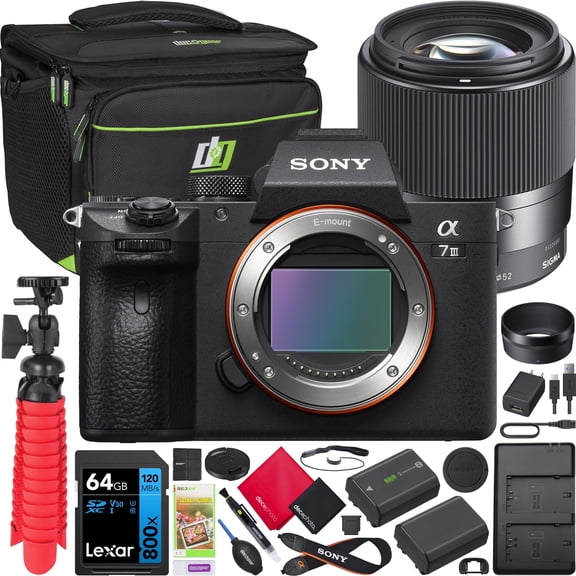 Sony a7 III Full Frame Mirrorless Camera Body ILCE-7M3/B Bundle with Sigma 30mm F1.4 DC DN Contemporary Lens 302965   Deco Gear Bag   Extra Battery & Dual Charger   64GB Card   Tripod & Accessories