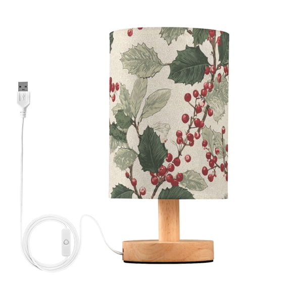 Holly Leaves with Berries Christmas Vintage Table Lamp with USB Port LED Warm Light Lamp Night Light Home Decor