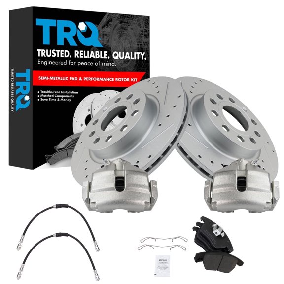 TRQ Front Brake Pad and Rotor Set Semi Metallic Slotted Drilled 280mm Rotors Calipers Hoses Fits 2013 Volkswagen GTI