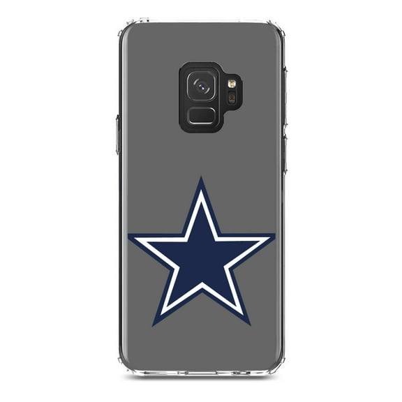 DistinctInk Clear Shockproof Hybrid Case for Samsung Galaxy S9 (5.8" Screen) - TPU Bumper, Acrylic Back, Tempered Glass Screen Protector - Dallas Star Grey Navy - Football Team