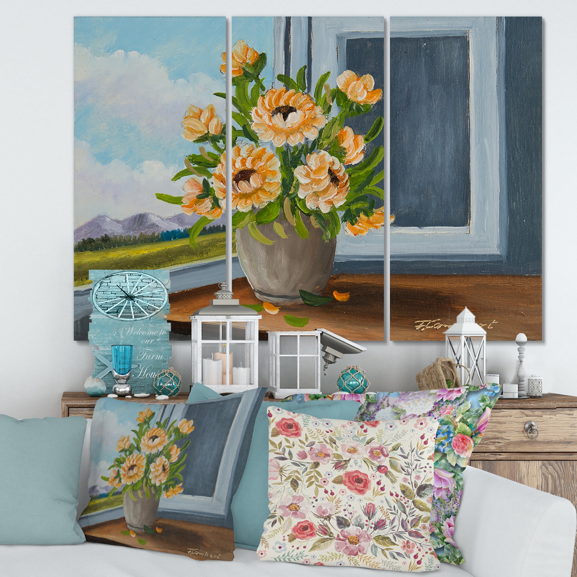 Designart ' Still Life With Orange Flowers In Vase At The Window ' Traditional Canvas Wall Art Print