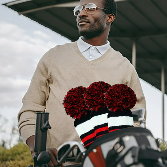 3-Piece Knit Golf Club Headcovers Set - Pom Pom Driver, Fairway Wood & Hybrid Covers for Clubs - Scottish Style Striped Pattern with Rotating Number Tags