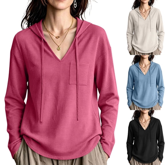RongHuan Hoodies for Women Trendy Fall Fashion Sweatshirt with Drawstring V Neck Long Sleeve Waffle Hoodie for Daily